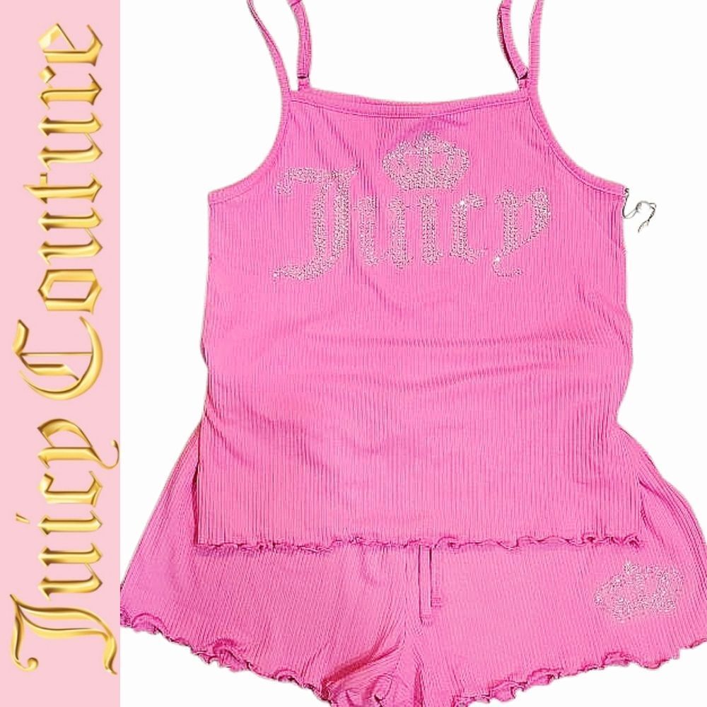 Juicy Couture Rhinestone Crown Logo Ribbed Lettuce PJ Set- Pink Punch